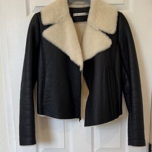Alice + Olivia Black Leather Jacket with Cream Shearling Lapel